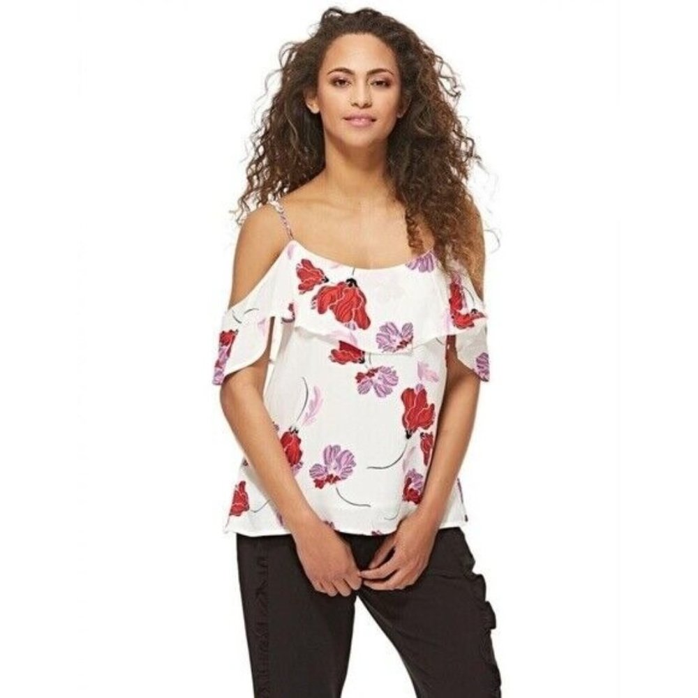 Bardot White Cold-Shoulder Floral Blouse with Red & Purple Flowers
